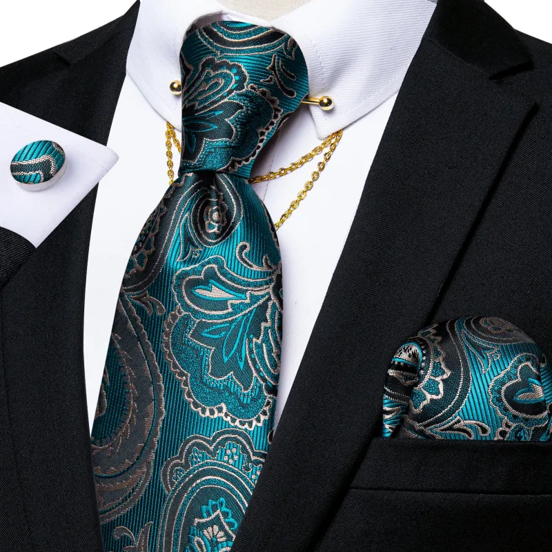 Lake Green Paisley Men's Tie Hanky Cufflinks Set with Chain Collar Pin sold by Ties2You