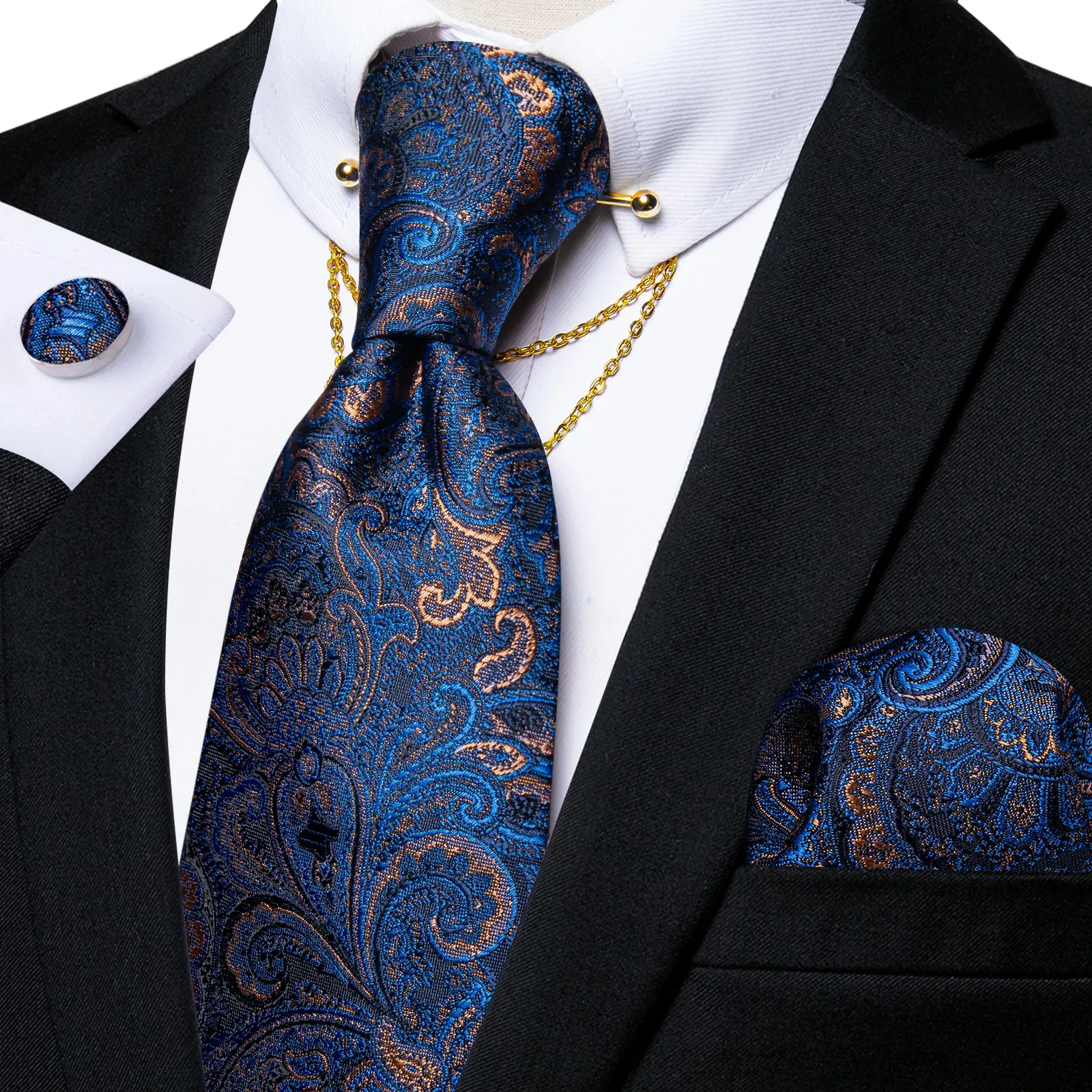 Blue Shining Paisley Men's Tie Hanky Cufflinks Set with Chain Collar Pin sold by Ties2You product image thumbnail 2