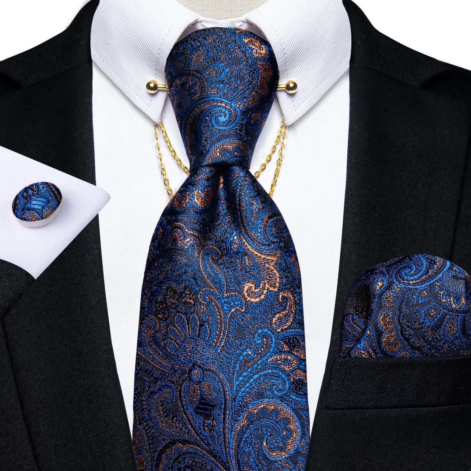 Blue Shining Paisley Men's Tie Hanky Cufflinks Set with Chain Collar Pin sold by Ties2You