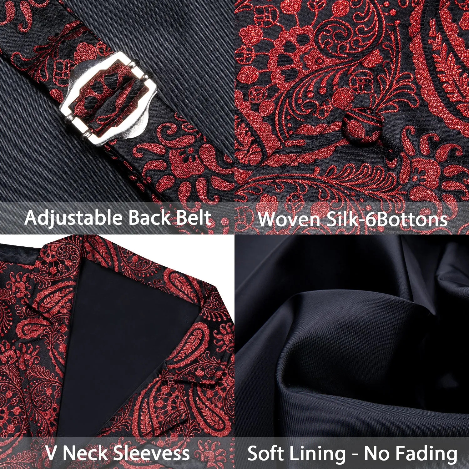Ties2you Men's Vest Black Red Paisley Jacquard Notched Collar Victorian Suit Vest sold by Ties2You product image thumbnail 5