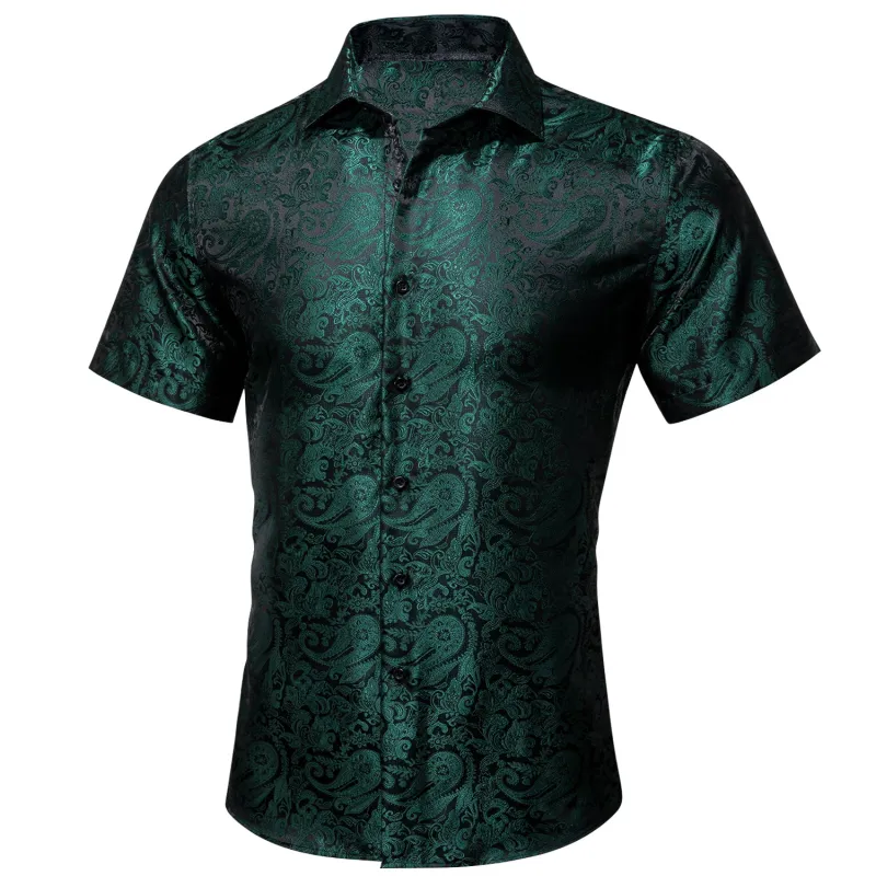 Black Green Paisley Silk Men's Short Sleeve Shirt sold by Ties2You