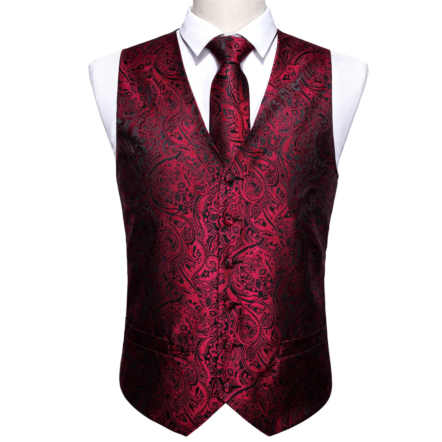 Red Black Paisley Men's Vest Tie Hanky Cufflinks Set Waistcoat Suit Set sold by Ties2You product image thumbnail 4