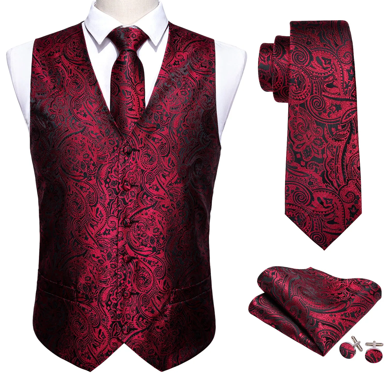 Red Black Paisley Men's Vest Tie Hanky Cufflinks Set Waistcoat Suit Set sold by Ties2You product image thumbnail 2