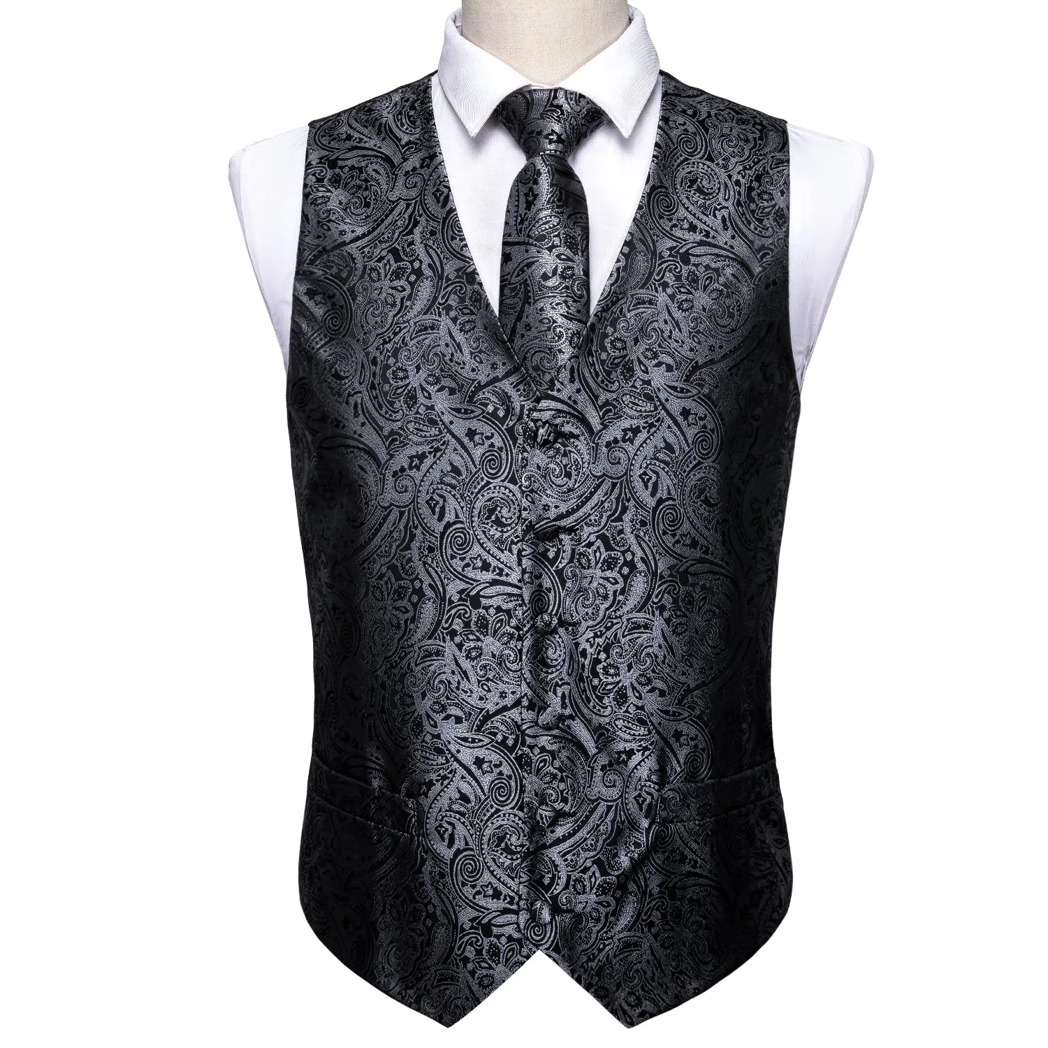 Silver Black Paisley Men's Vest Tie Hanky Cufflinks Set Waistcoat Suit Set sold by Ties2You product image thumbnail 4