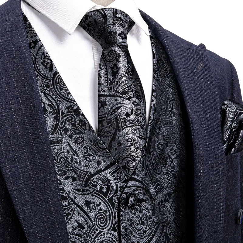Silver Black Paisley Men's Vest Tie Hanky Cufflinks Set Waistcoat Suit Set sold by Ties2You