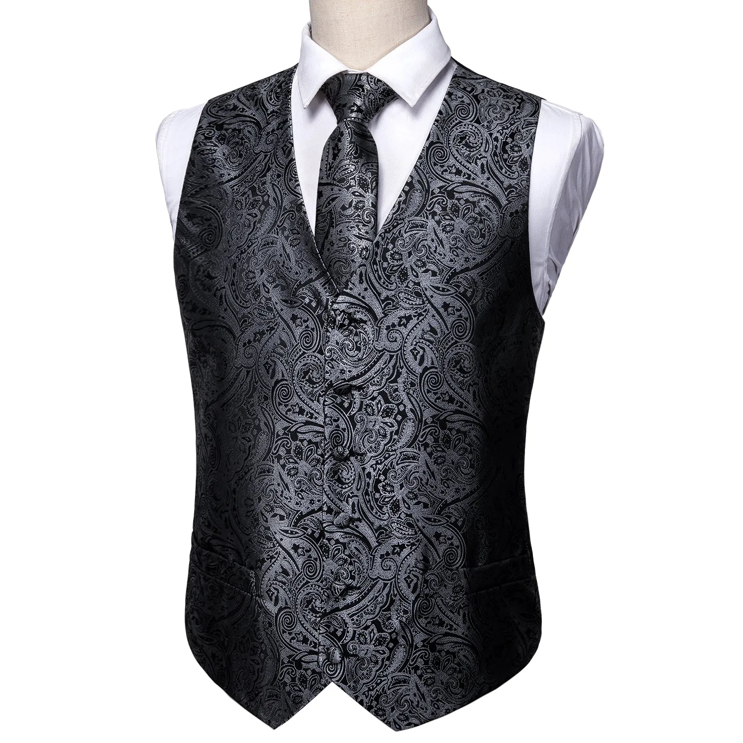 Silver Black Paisley Men's Vest Tie Hanky Cufflinks Set Waistcoat Suit Set sold by Ties2You product image thumbnail 2
