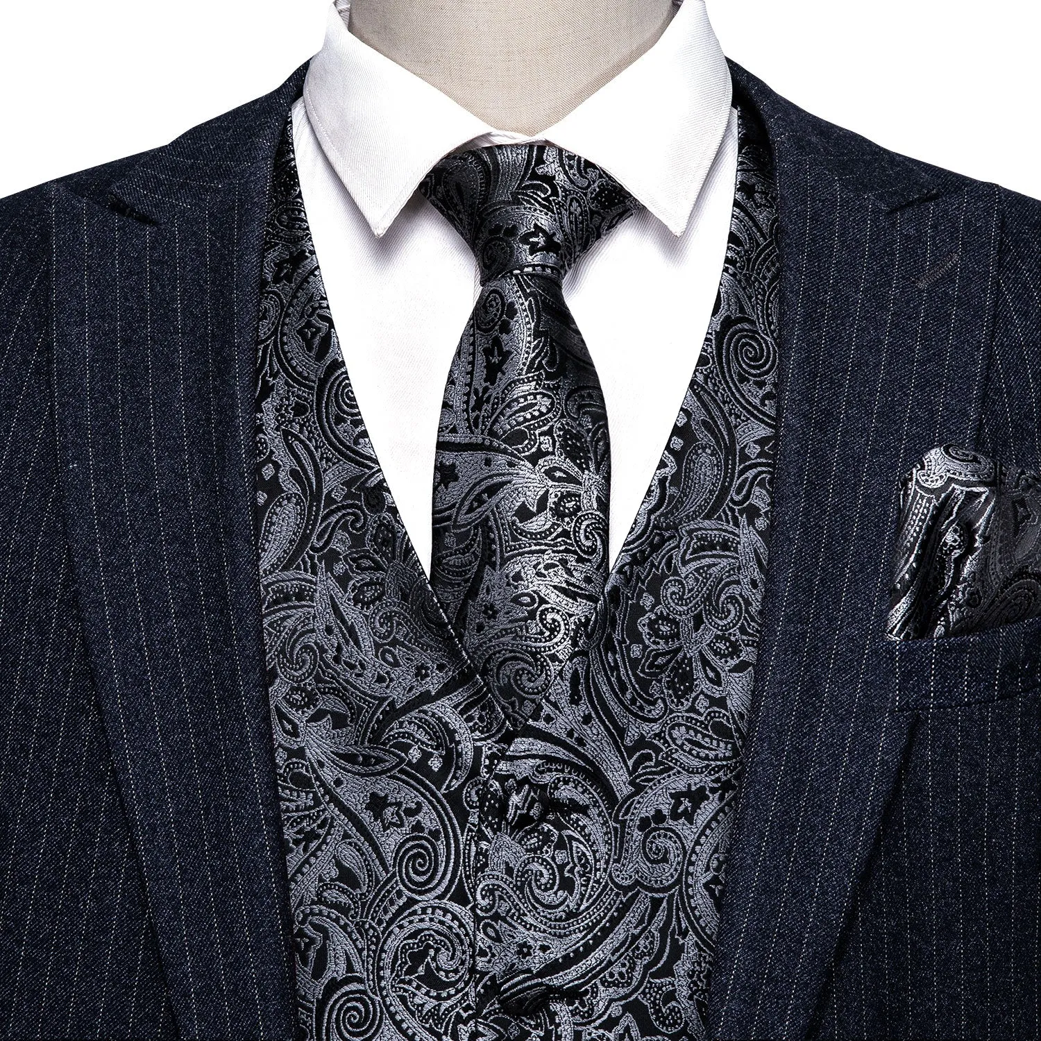 Silver Black Paisley Men's Vest Tie Hanky Cufflinks Set Waistcoat Suit Set sold by Ties2You product image thumbnail 5