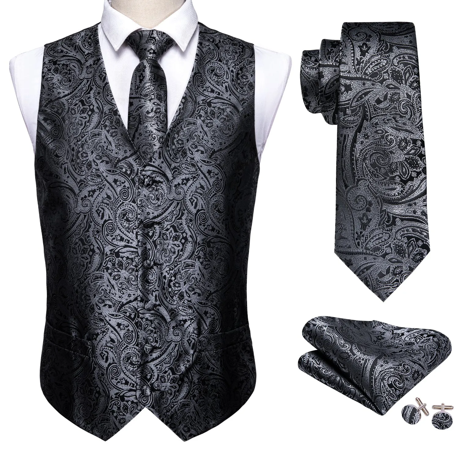 Silver Black Paisley Men's Vest Tie Hanky Cufflinks Set Waistcoat Suit Set sold by Ties2You product image thumbnail 3