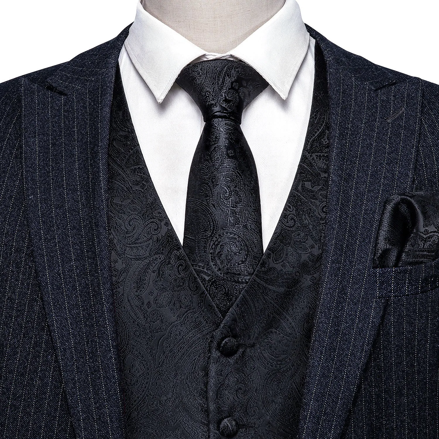 Classic Black Paisley Men's Vest Tie Hanky Cufflinks Set Waistcoat Suit Set sold by Ties2You product image thumbnail 2