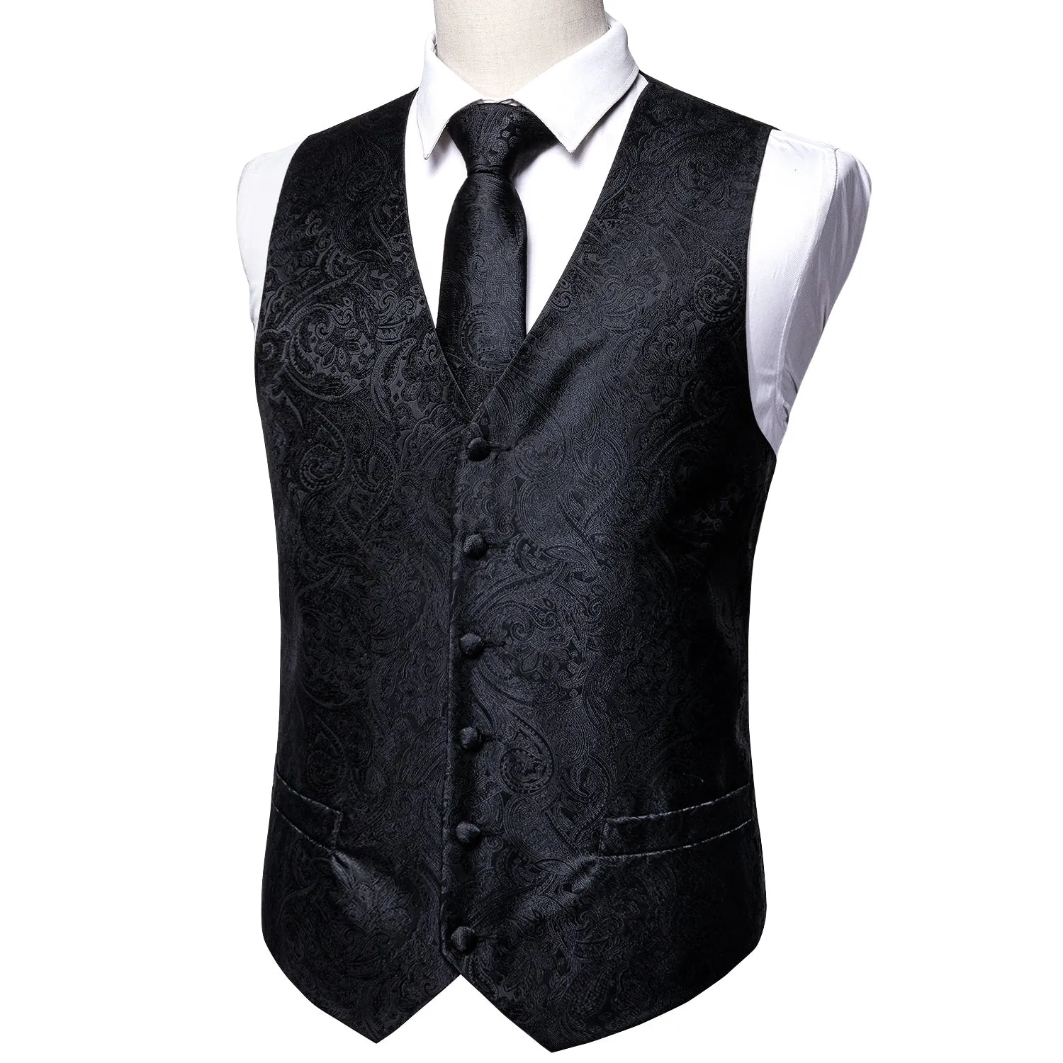 Classic Black Paisley Men's Vest Tie Hanky Cufflinks Set Waistcoat Suit Set sold by Ties2You product image thumbnail 4
