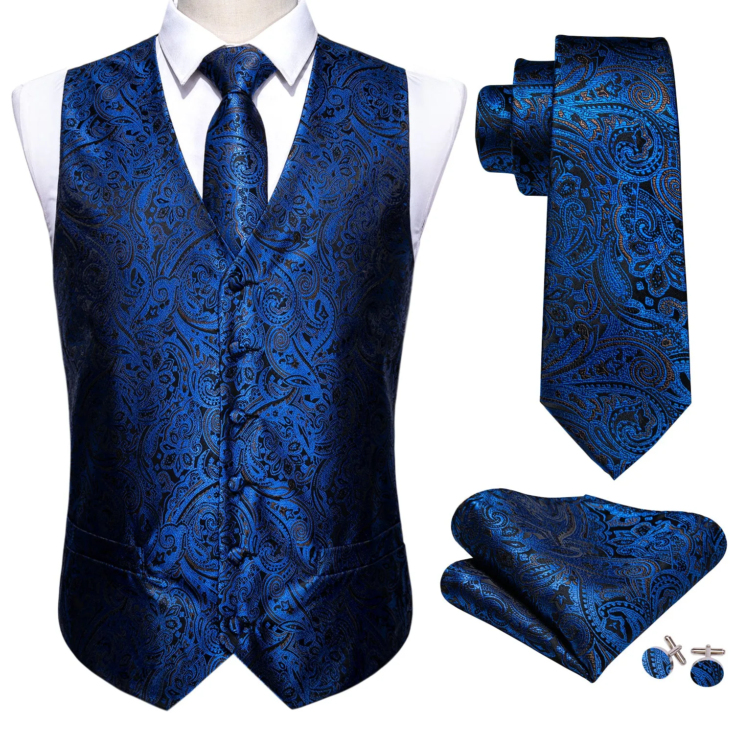 Navy Blue Paisley Men's Vest Tie Hanky Cufflinks Set Waistcoat Suit Set sold by Ties2You product image thumbnail 3