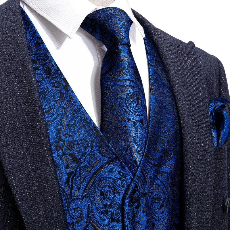 Navy Blue Paisley Men's Vest Tie Hanky Cufflinks Set Waistcoat Suit Set sold by Ties2You