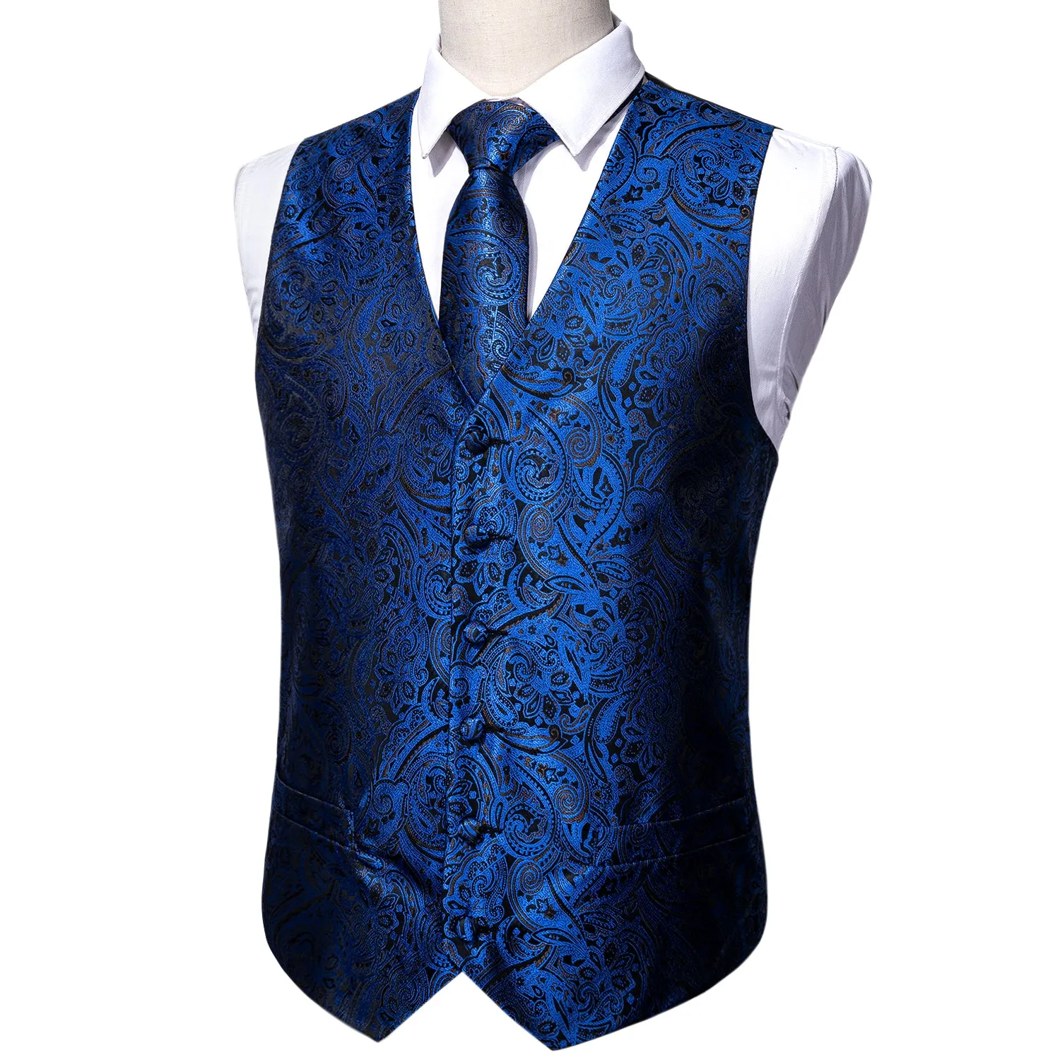 Navy Blue Paisley Men's Vest Tie Hanky Cufflinks Set Waistcoat Suit Set sold by Ties2You product image thumbnail 2