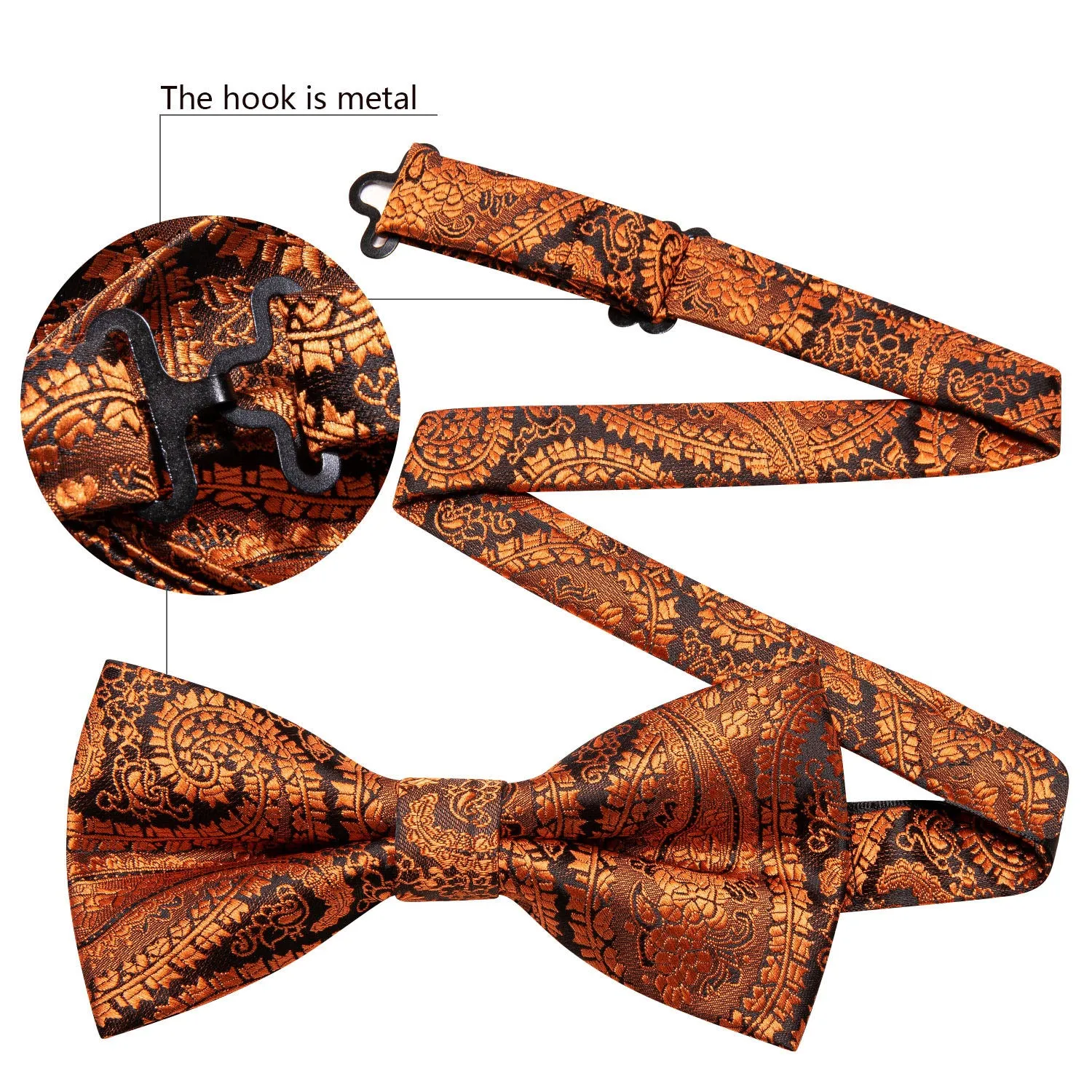 Metallic Luster Orange Paisley Pre-tied Silk Bow Tie Pocket Square Cufflinks Set sold by Ties2You product image thumbnail 5
