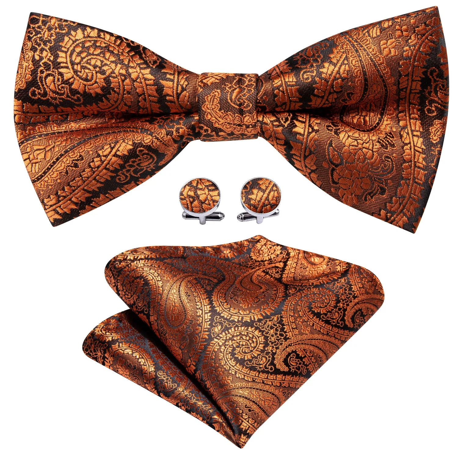 Metallic Luster Orange Paisley Pre-tied Silk Bow Tie Pocket Square Cufflinks Set sold by Ties2You product image thumbnail 2