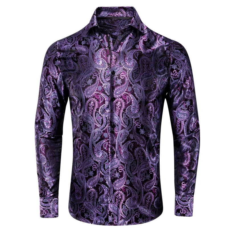 Ties2you Purple Shirt Paisley Pattern Silk Men's Long Sleeve Shirt sold by Ties2You