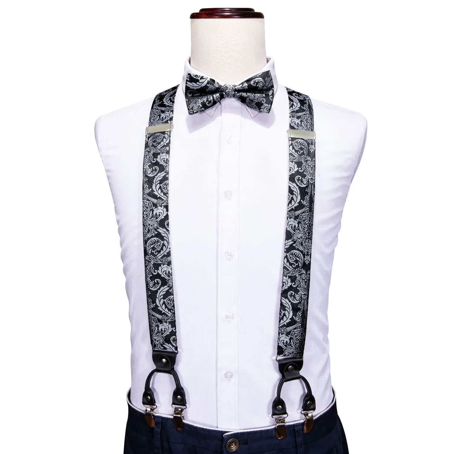 Black White Paisley Y Back Brace Clip-on Men's Suspender with Bow Tie Set sold by Ties2You