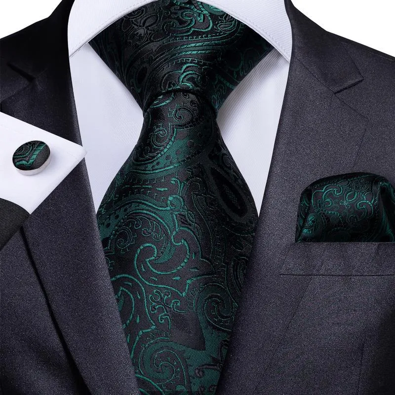 Dark Green Paisley Men's Necktie Pocket Square Cufflinks Set 8cm sold by Ties2You