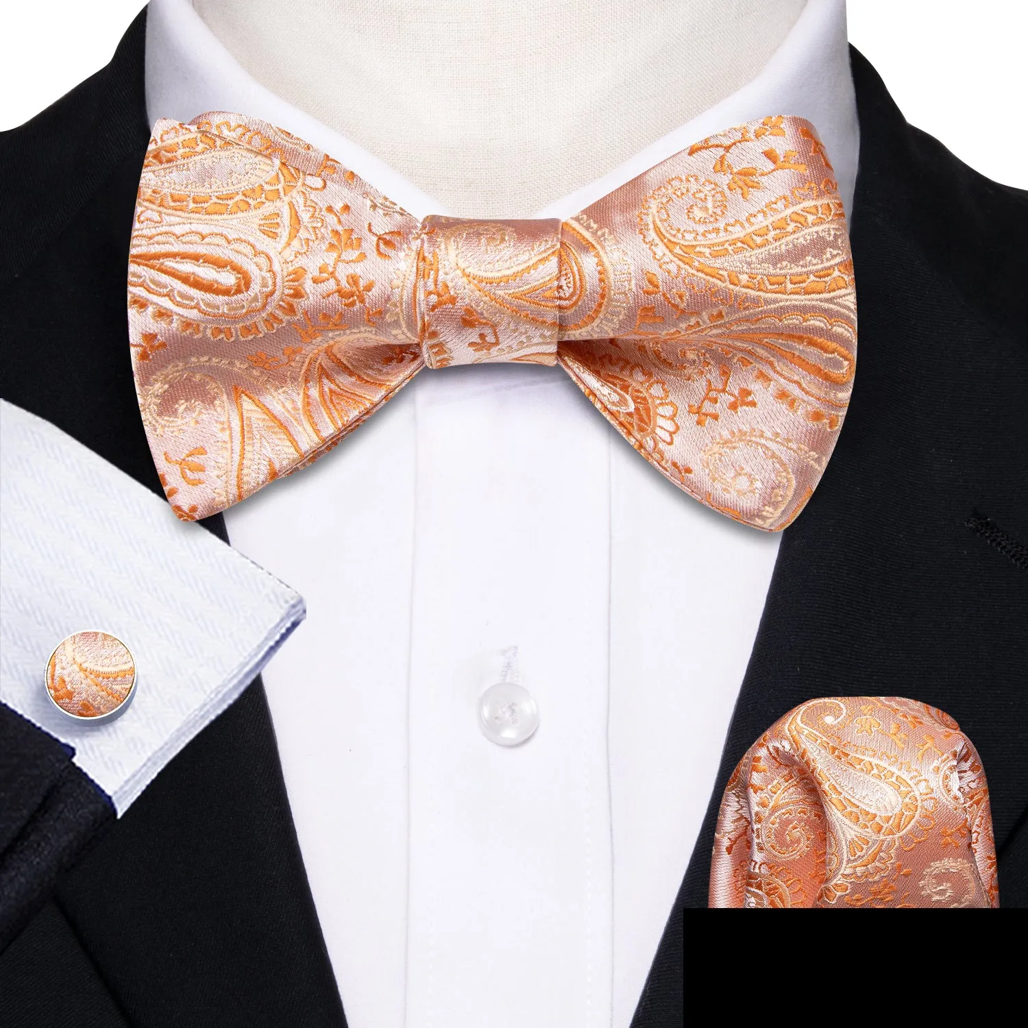Light Orange Paisley Self-tied Silk Bow Tie Pocket Square Cufflinks Set sold by Ties2You