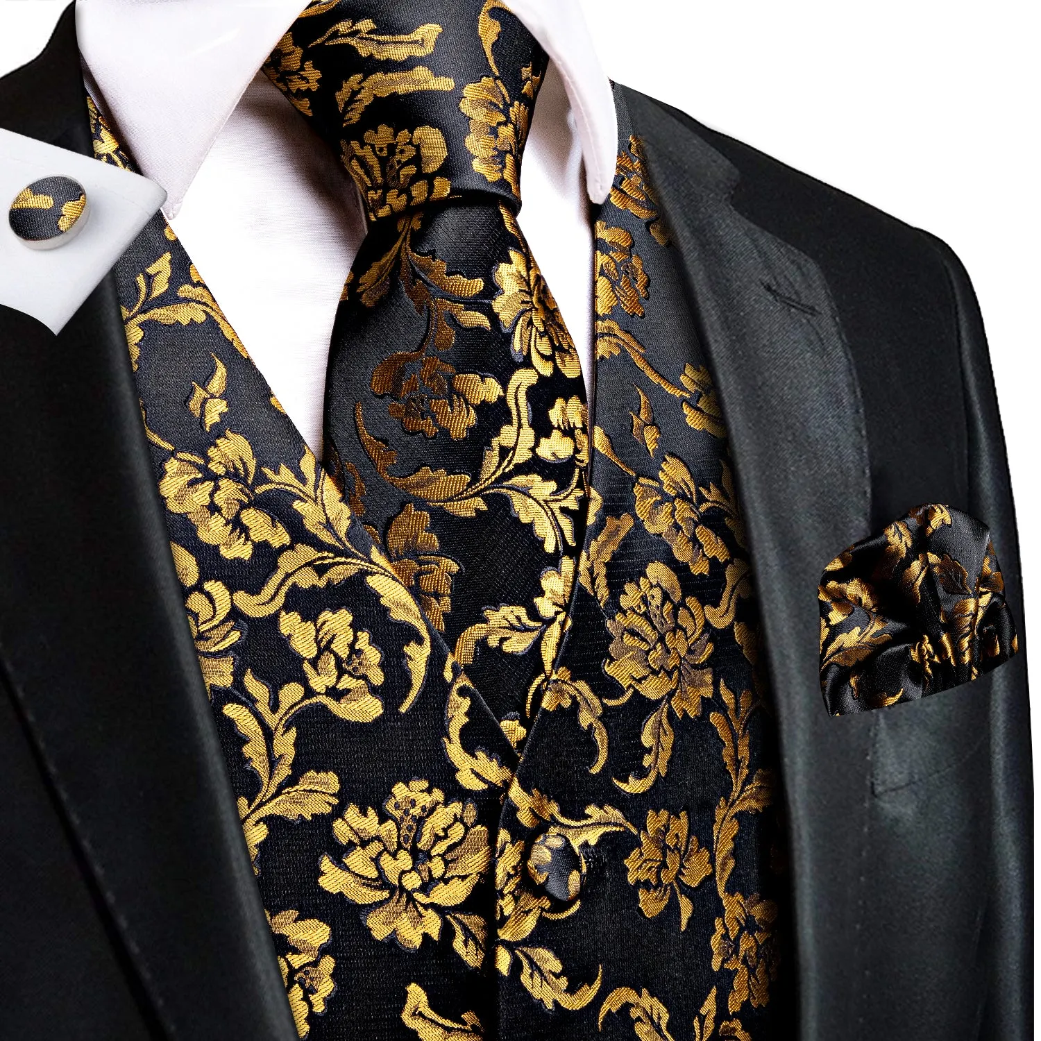 Ties2you Black Vest Gold Peony Floral Men's Suit Vest Tie Hanky Cufflinks Set sold by Ties2You product image thumbnail 2