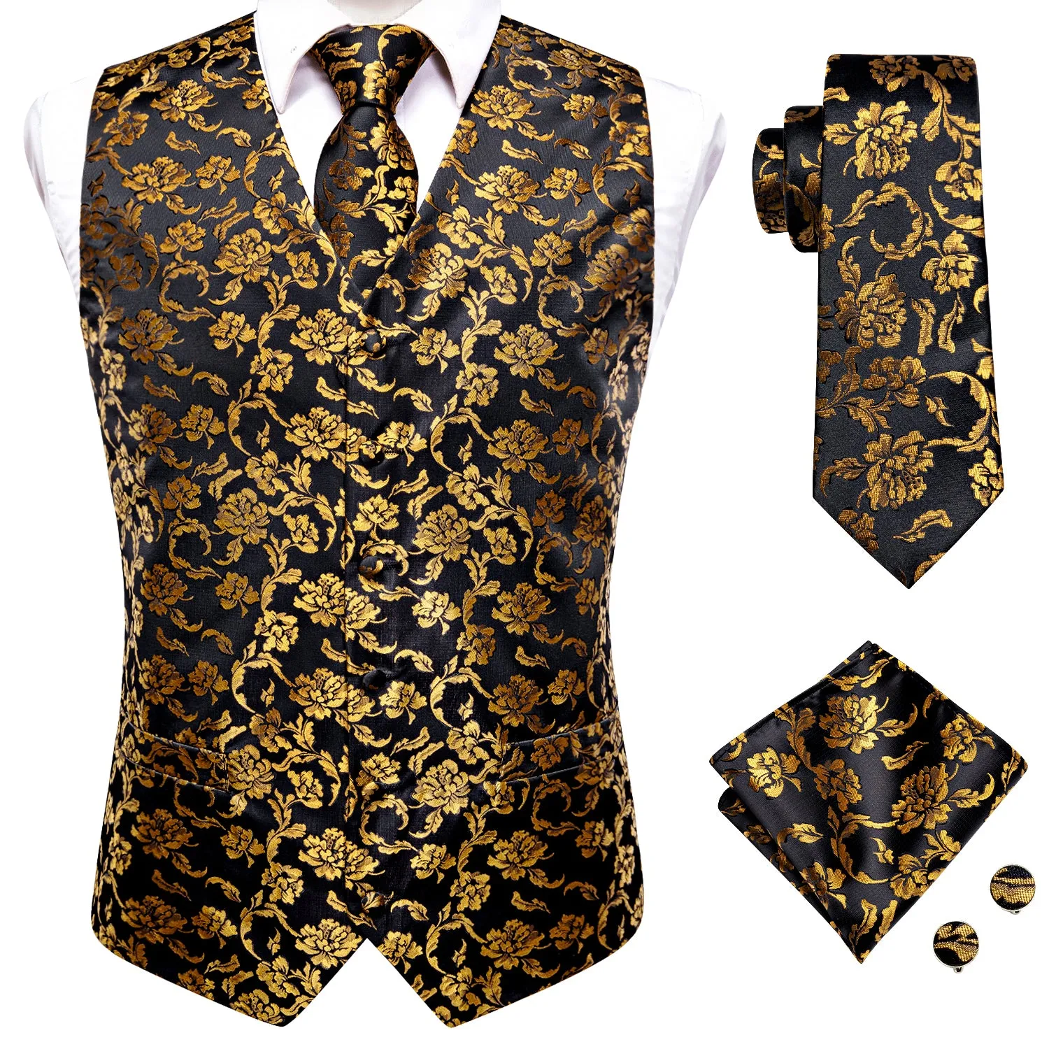 Ties2you Black Vest Gold Peony Floral Men's Suit Vest Tie Hanky Cufflinks Set sold by Ties2You product image thumbnail 4