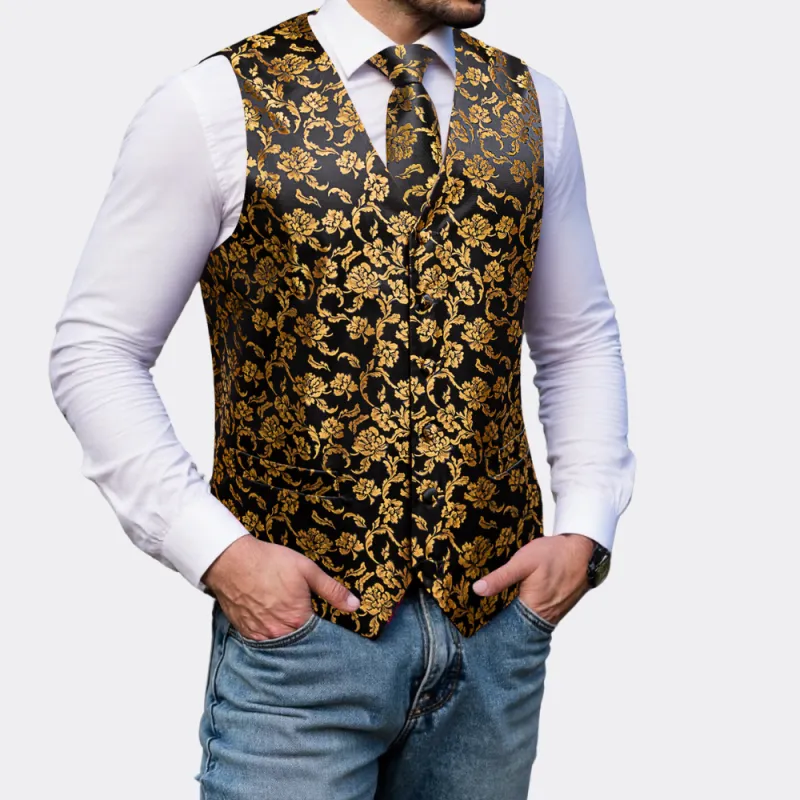 Ties2you Black Vest Gold Peony Floral Men's Suit Vest Tie Hanky Cufflinks Set sold by Ties2You