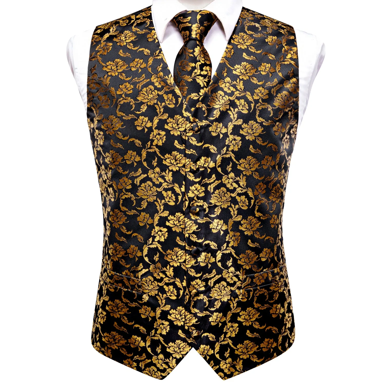 Ties2you Black Vest Gold Peony Floral Men's Suit Vest Tie Hanky Cufflinks Set sold by Ties2You product image thumbnail 5