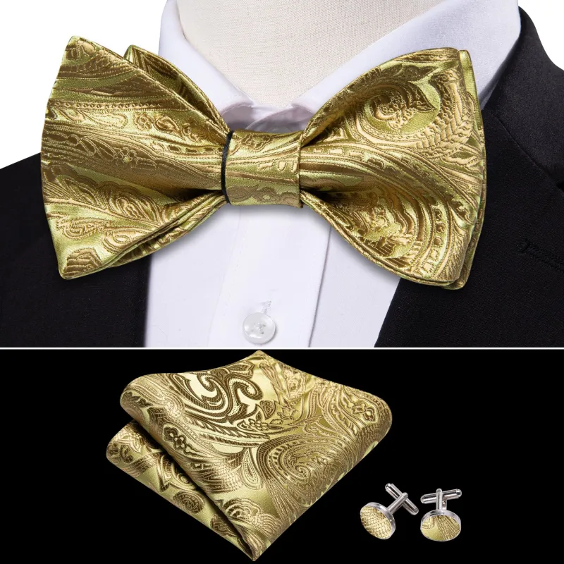 Golden Yellow Paisley Self-tied Silk Bow Tie Pocket Square Cufflinks Set sold by Ties2You