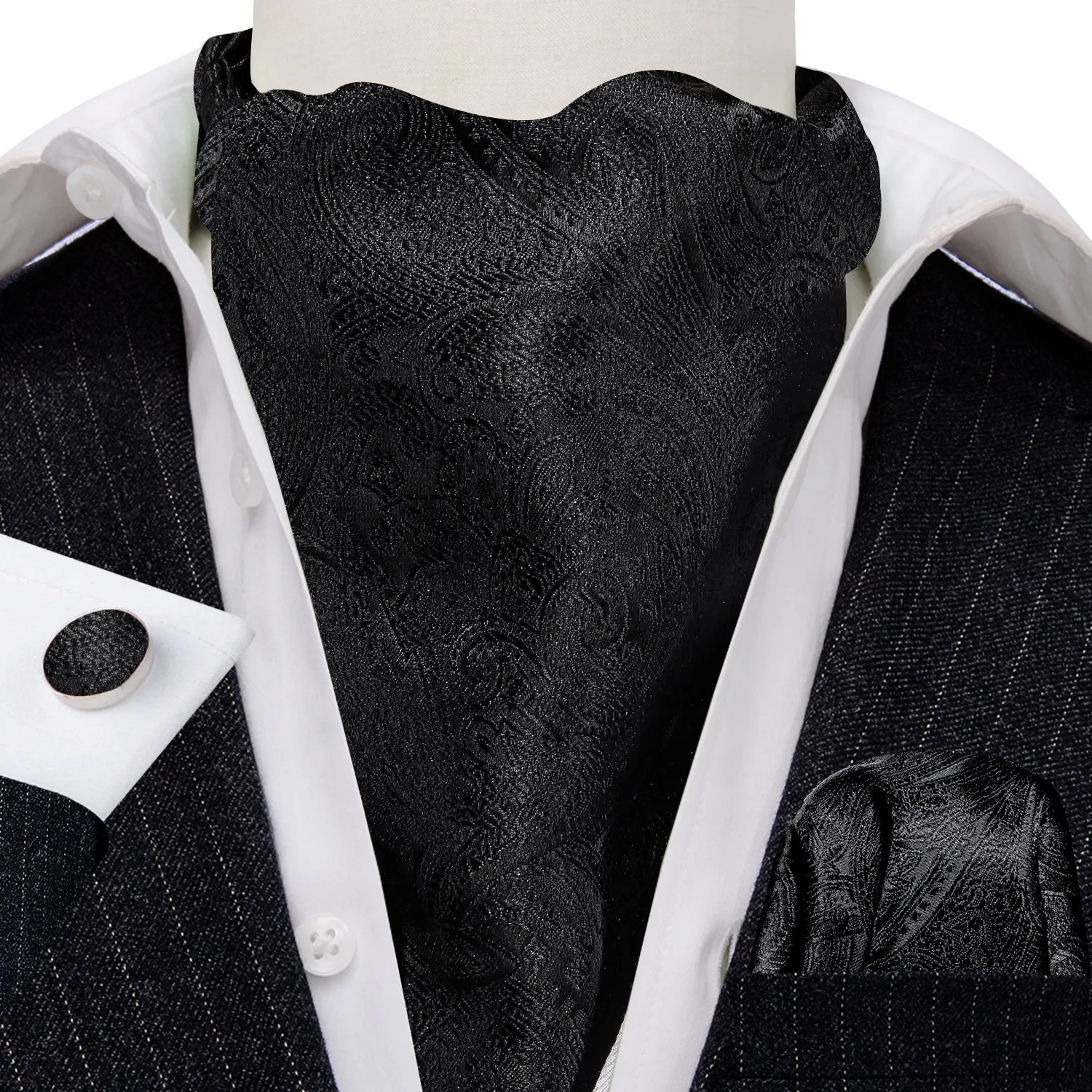 Black Paisley Silk Ascot Cravat Pocket Square Cufflinks Set sold by Ties2You product image thumbnail 5