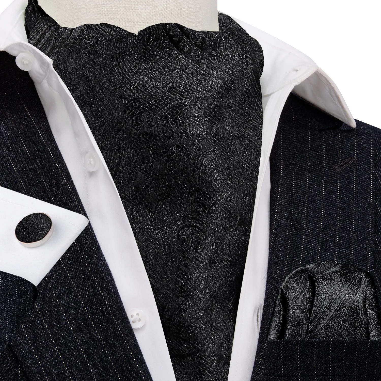 Black Paisley Silk Ascot Cravat Pocket Square Cufflinks Set sold by Ties2You product image thumbnail 2