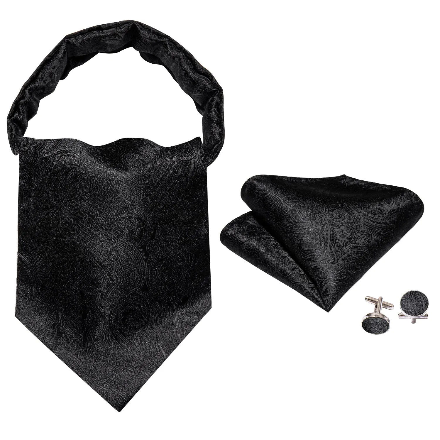Black Paisley Silk Ascot Cravat Pocket Square Cufflinks Set sold by Ties2You product image thumbnail 3