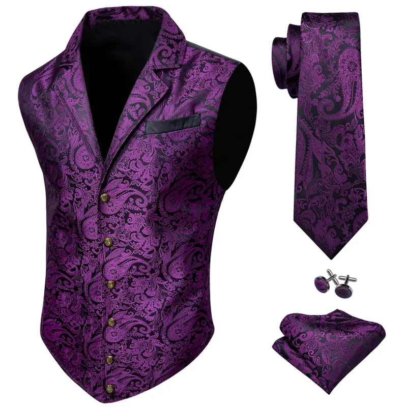 Ties2you Mens Victorian Suit Vest Purple Paisley Formal Waistcoat Tie Hanky Cufflinks Set sold by Ties2You