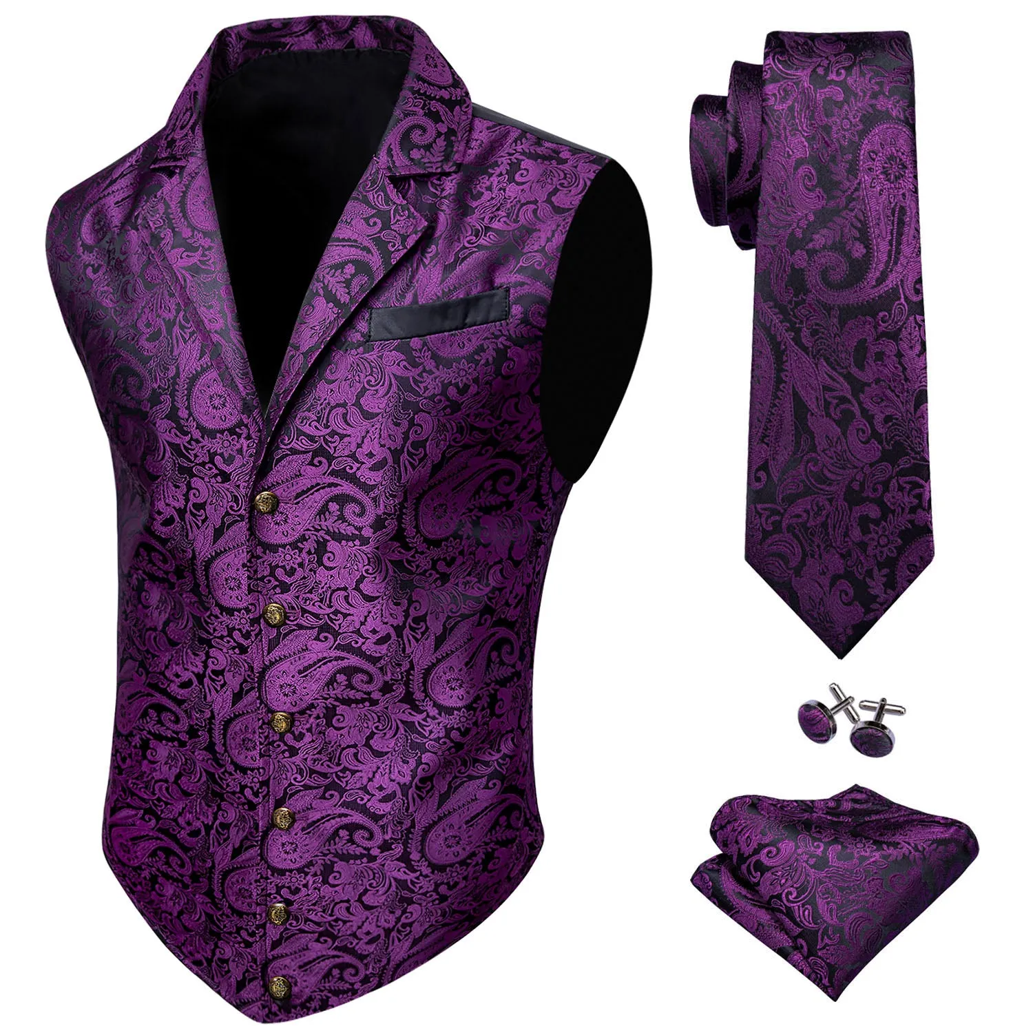 Ties2you Mens Victorian Suit Vest Purple Paisley Formal Waistcoat Tie Hanky Cufflinks Set sold by Ties2You