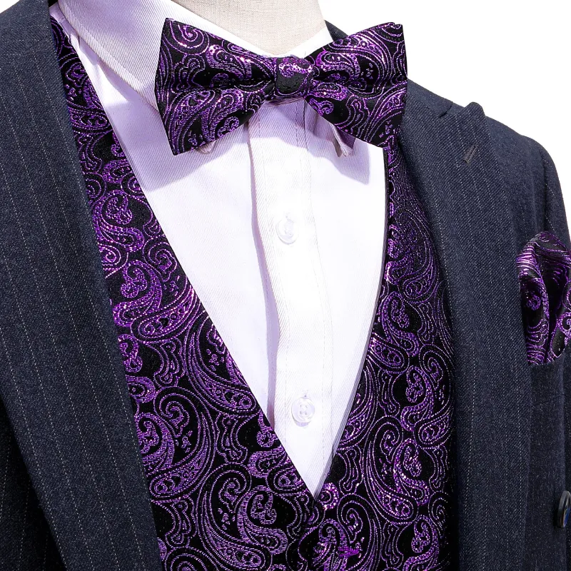 Shining Deep Purple Paisley Silk Men's Vest Bow Tie Handkerchief Cufflinks Set Waistcoat Suit Set sold by Ties2You