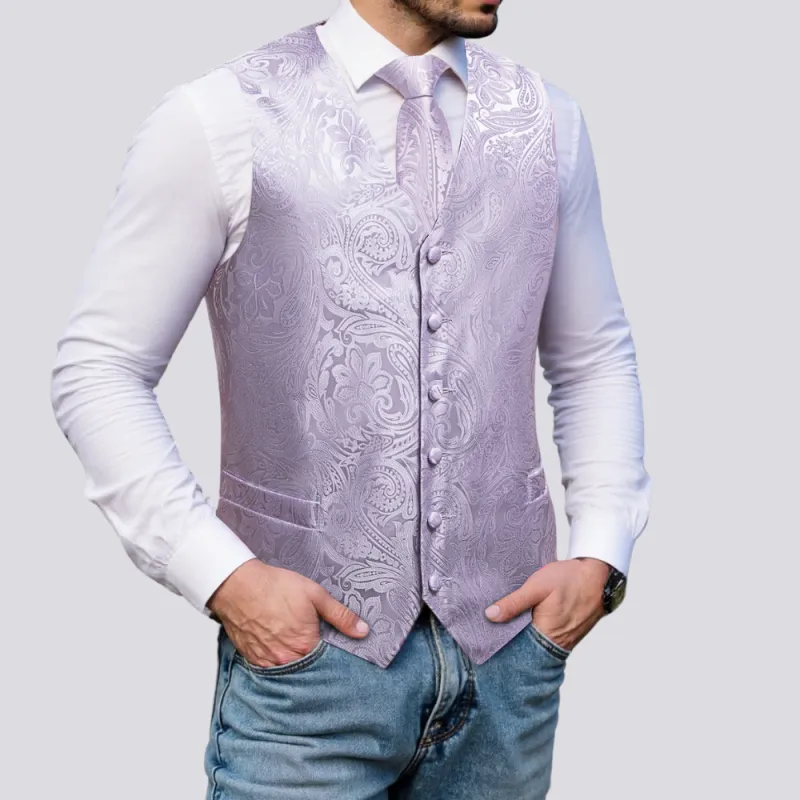 Light Purple Paisley Jacquard Silk Men's Vest Hanky Cufflinks Tie Set sold by Ties2You