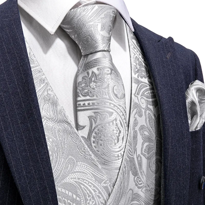 Silver White Paisley Jacquard Silk Men's Vest Hanky Cufflinks Tie Set sold by Ties2You