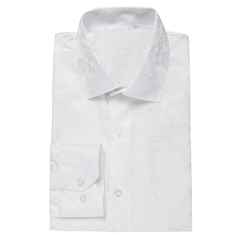 Pure White Paisley Silk Men's Long Sleeve Shirt sold by Ties2You