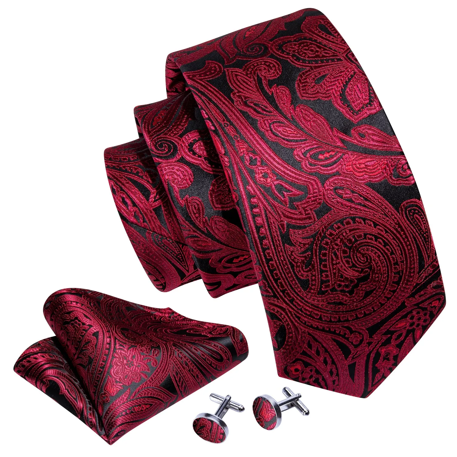 Shiny Black Red Paisley Silk Men's Necktie Pocket Square Cufflinks Set sold by Ties2You product image thumbnail 3