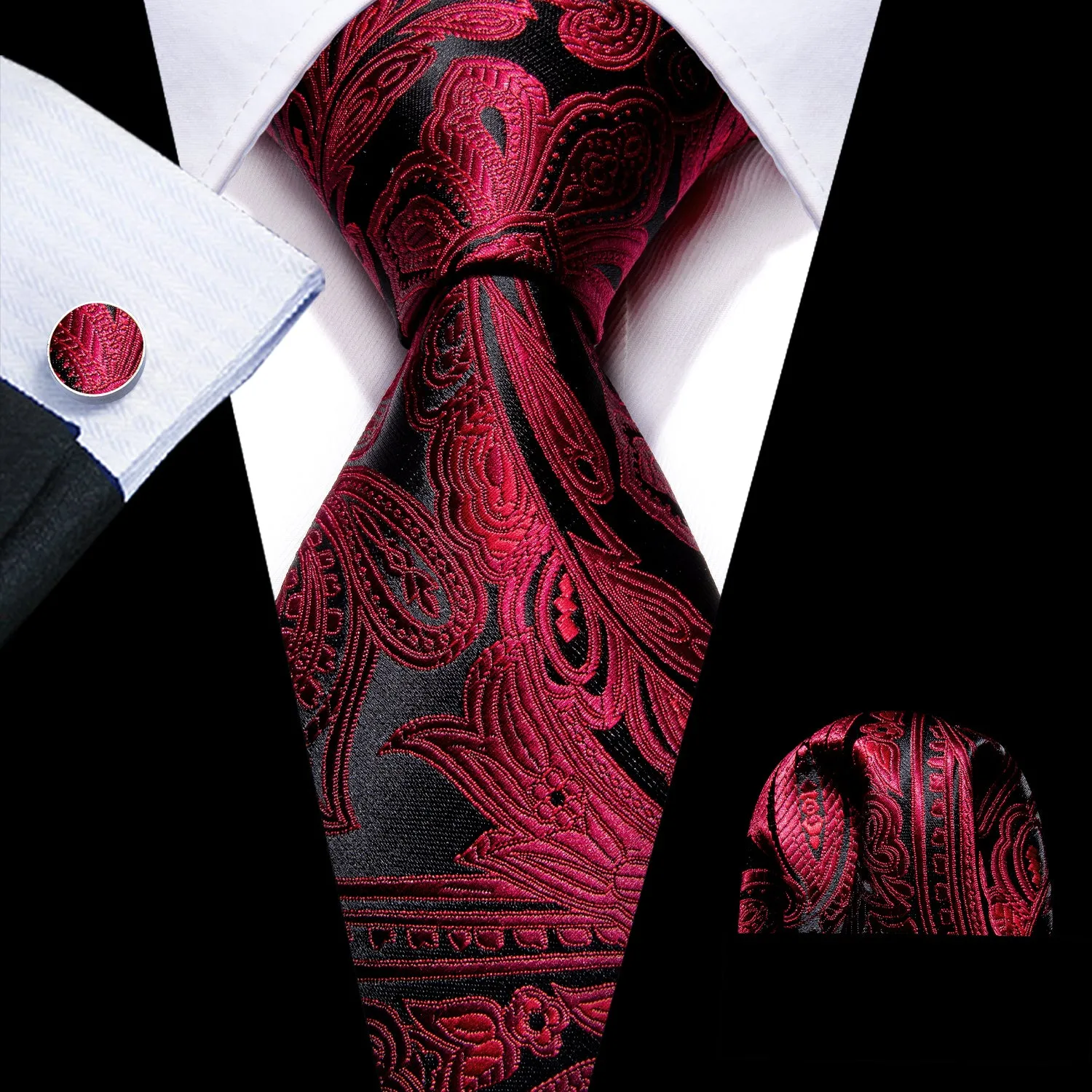Shiny Black Red Paisley Silk Men's Necktie Pocket Square Cufflinks Set sold by Ties2You