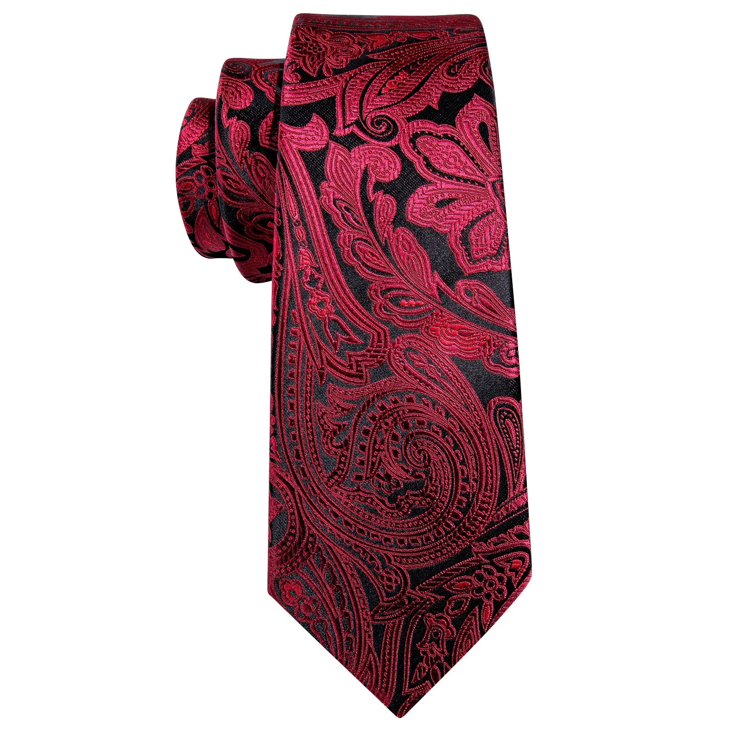 Shiny Black Red Paisley Silk Men's Necktie Pocket Square Cufflinks Set sold by Ties2You product image thumbnail 5