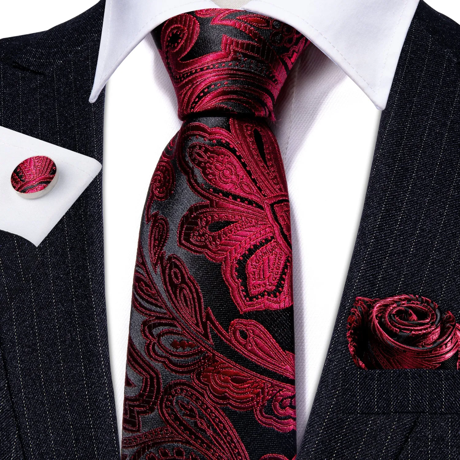Shiny Black Red Paisley Silk Men's Necktie Pocket Square Cufflinks Set sold by Ties2You product image thumbnail 2