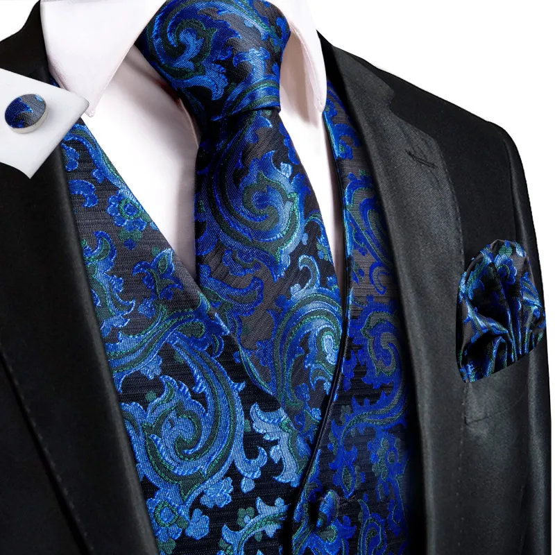 Shining Blue Floral Jacquard Silk Men's Vest Hanky Cufflinks Tie Set sold by Ties2You