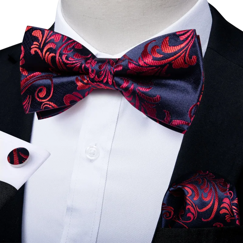 Deep Blue Red Floral Men's Pre-tied Bowtie Pocket Square Cufflinks Set sold by Ties 2 You