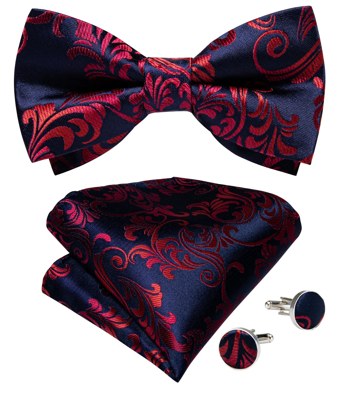 Deep Blue Red Floral Men's Pre-tied Bowtie Pocket Square Cufflinks Set sold by Ties 2 You product image thumbnail 2