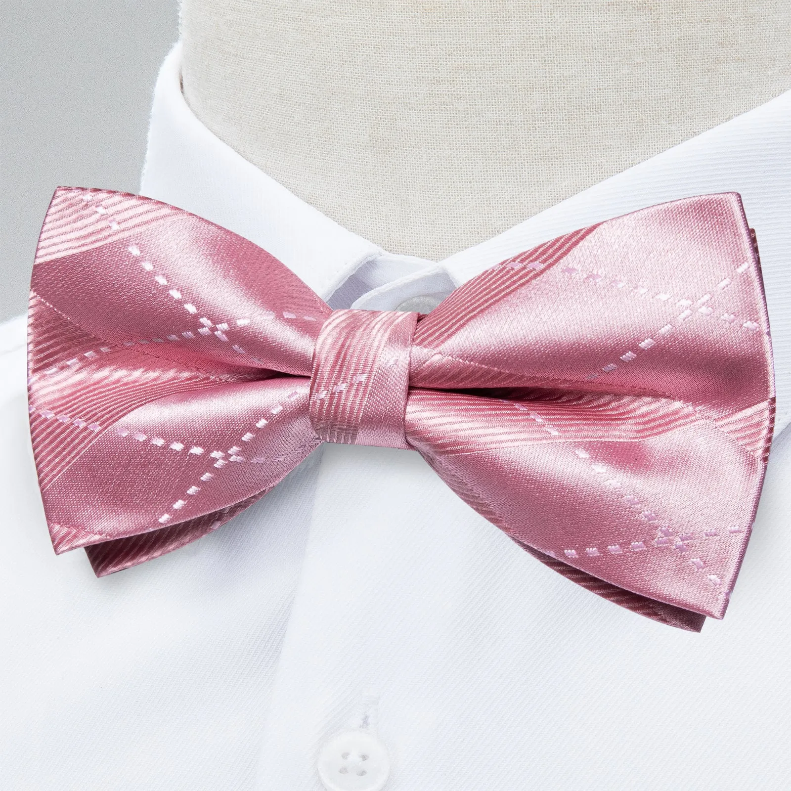 Shiny Pink Plaid Men's Pre-tied Bowtie Pocket Square Cufflinks Set sold by Ties2You product image thumbnail 3