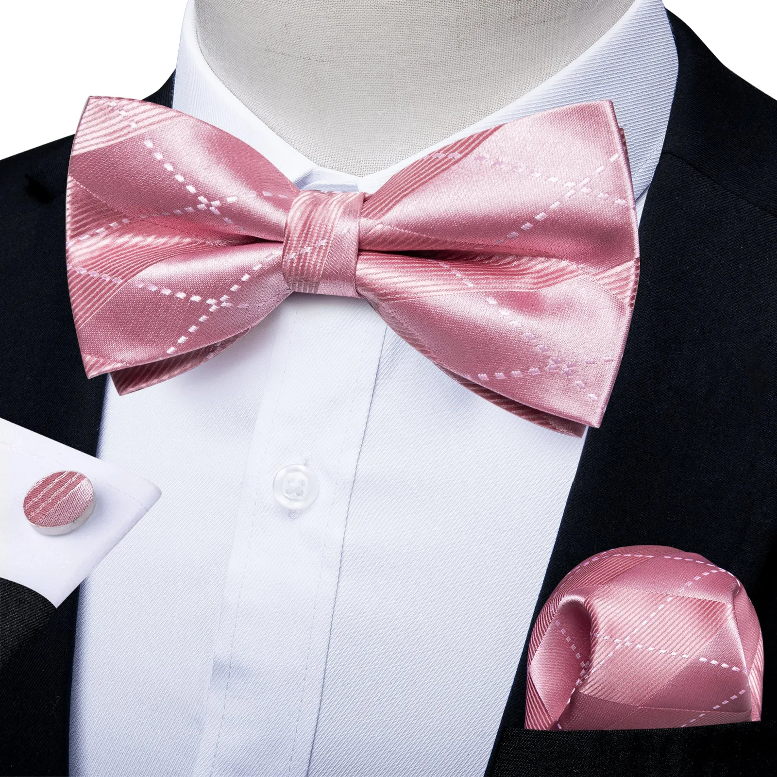 Shiny Pink Plaid Men's Pre-tied Bowtie Pocket Square Cufflinks Set sold by Ties2You