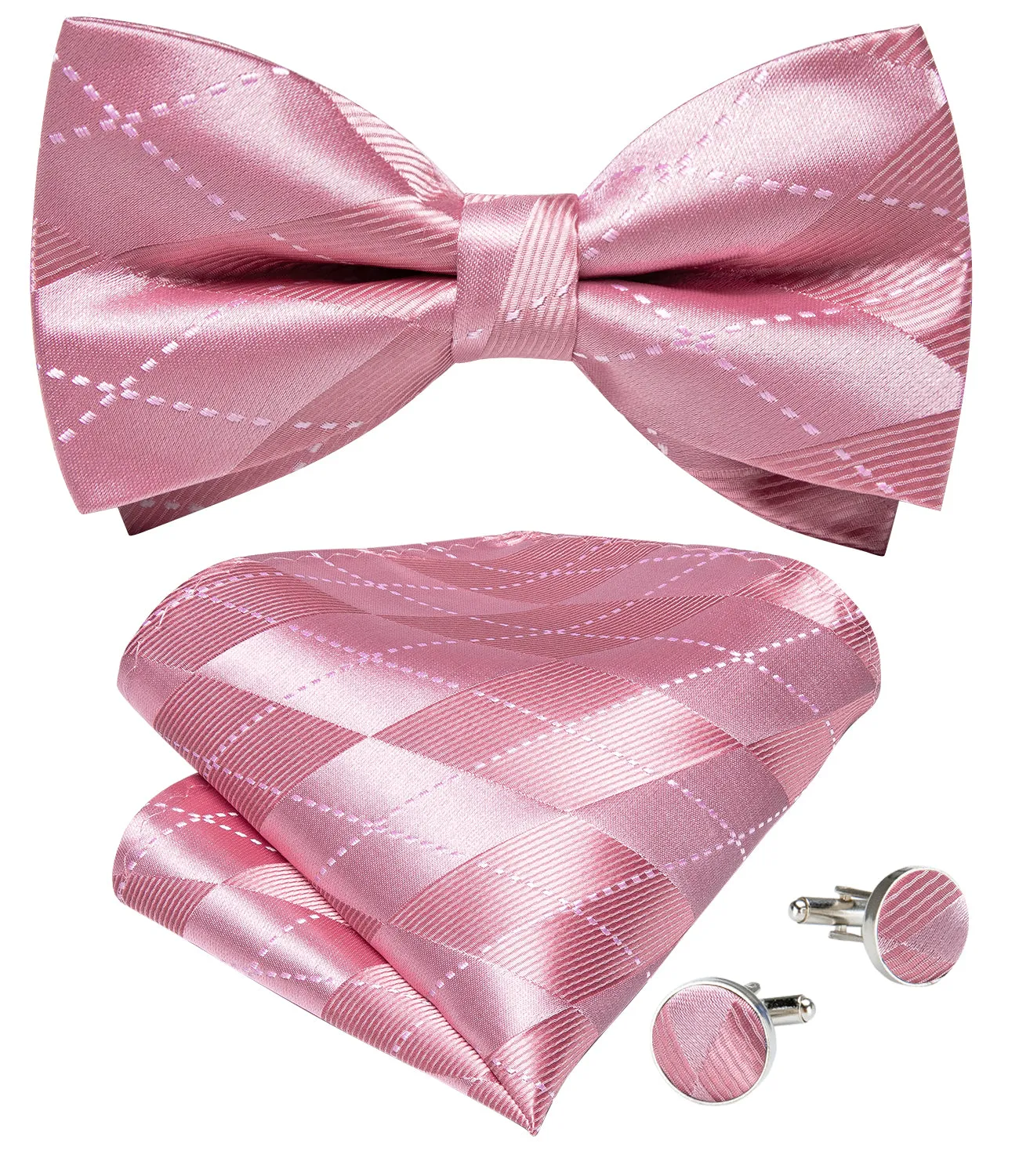 Shiny Pink Plaid Men's Pre-tied Bowtie Pocket Square Cufflinks Set sold by Ties2You product image thumbnail 2