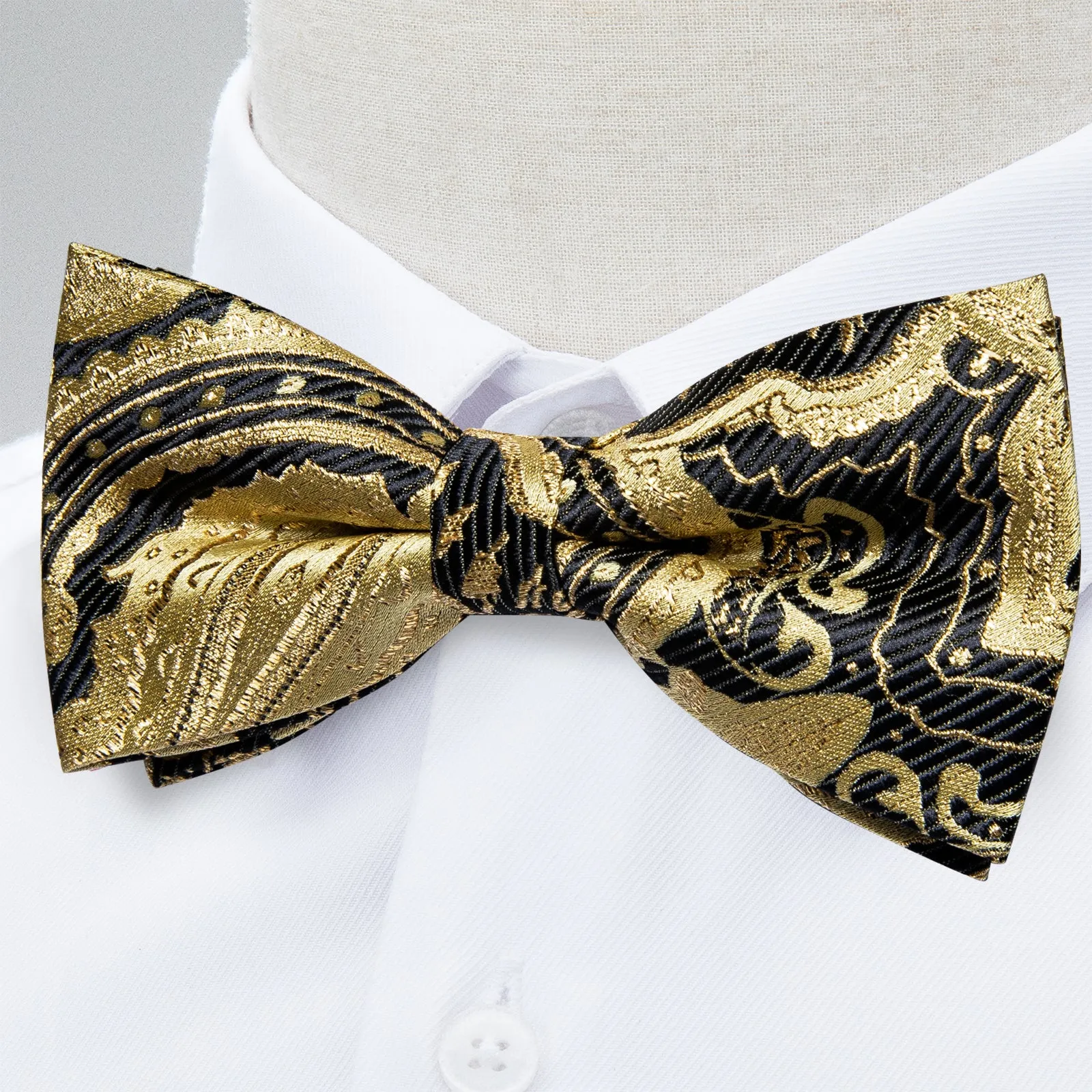 Golden Black Paisley Men's Pre-tied Bowtie Pocket Square Cufflinks Set sold by Ties2You product image thumbnail 3