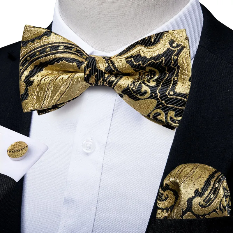 Golden Black Paisley Men's Pre-tied Bowtie Pocket Square Cufflinks Set sold by Ties2You