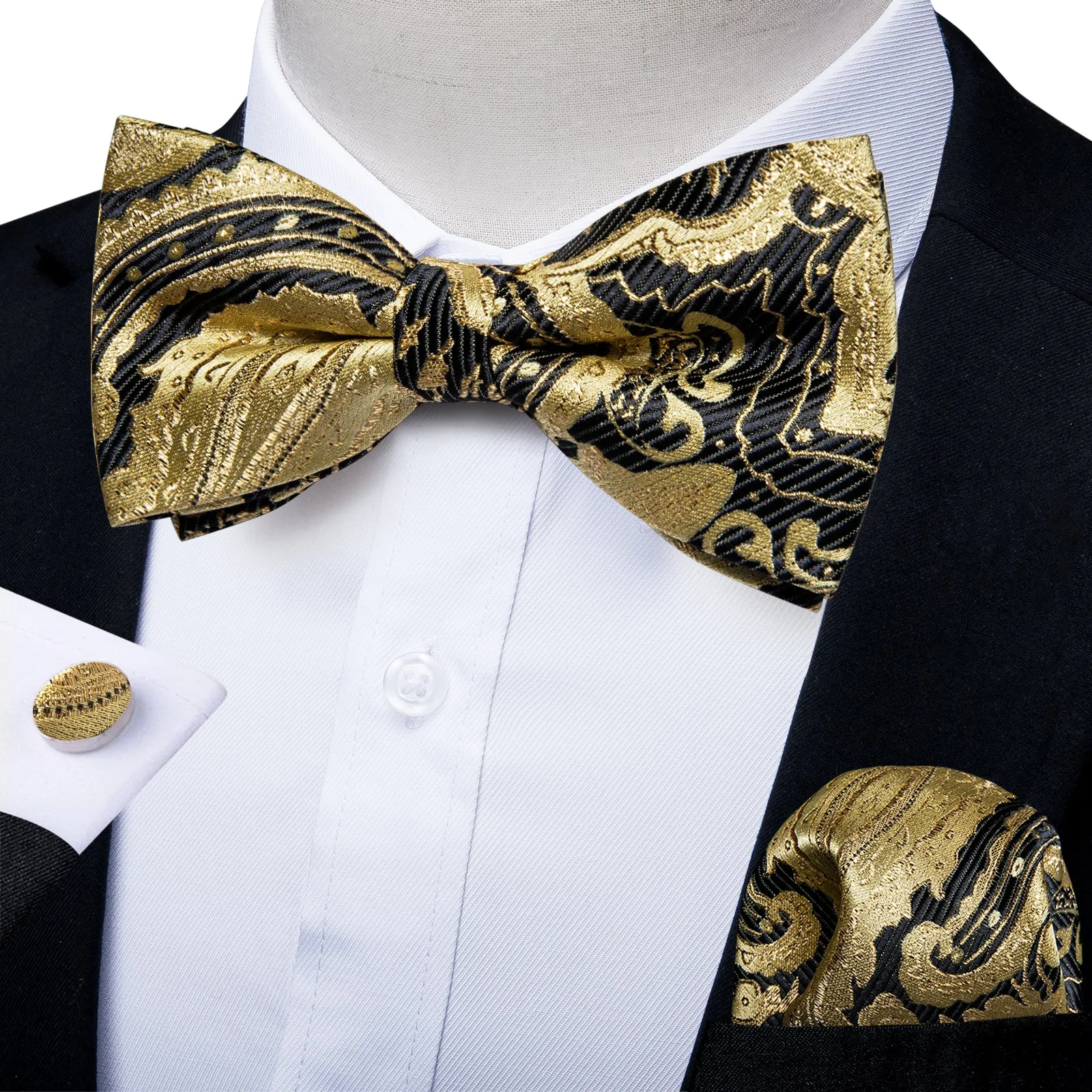 Golden Black Paisley Men's Pre-tied Bowtie Pocket Square Cufflinks Set sold by Ties2You